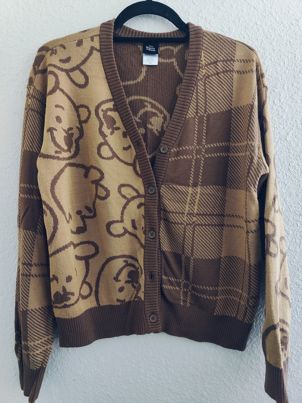 Disney Winnie The Pooh Two Tone Brown Plaid Cardigan Knit Sweater